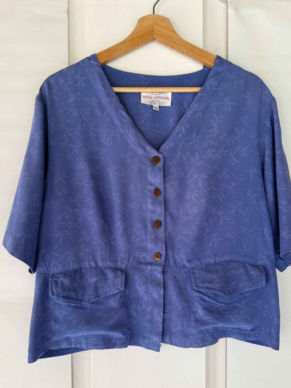 Vintage 70sblue blouse iWild Woman bohemian-style, handmade batik sz L/XL